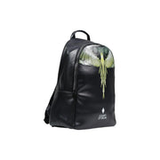 Sac à dos en similicuir noir avec motif d'ailes vertes et blanches et logo du comté de Milan sur le panneau avant