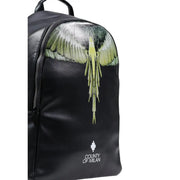 Sac à dos en similicuir noir avec motif d'ailes vertes et argentées et logo du comté de Milan brodé en dessous