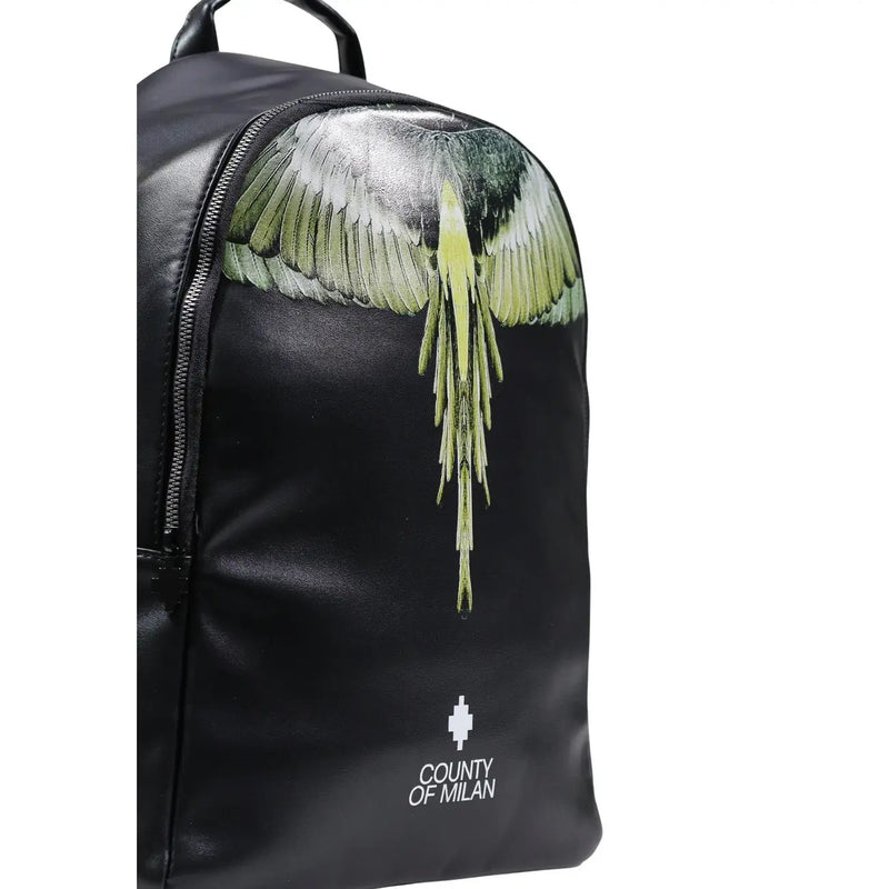Sac à dos en similicuir noir avec motif d'ailes vertes et argentées et logo du comté de Milan brodé en dessous