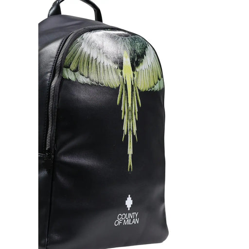Sac à dos en similicuir noir avec motif d'ailes vertes et argentées et logo du comté de Milan brodé en dessous