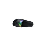 Sandales à enfiler County of Milan pour homme, noires et synthétiques, ornées d'un motif de plumes aux reflets arc-en-ciel sur la bride.