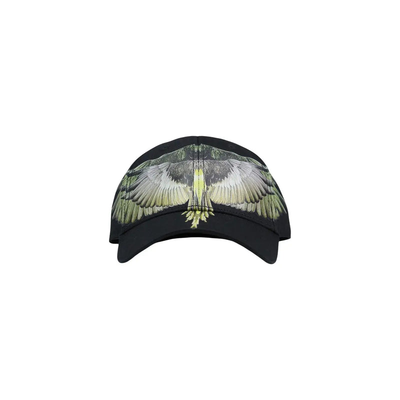Casquette homme Black County of Milan en mélange de coton, ornée d'un imprimé aigle détaillé en couleurs dans les tons de gris, blanc et jaune.