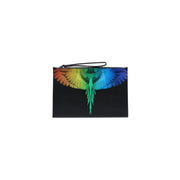 Pochette homme County of Milan en similicuir noir avec motif ailes arc-en-ciel, fermeture éclair et dragonne, 30 x 20 cm