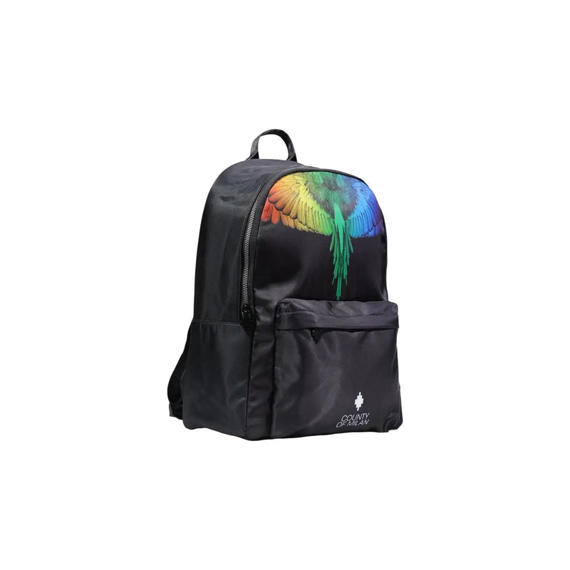Sac à dos homme County of Milan en nylon noir avec un motif d'ailes arc-en-ciel éclatant et un logo blanc sur le panneau avant