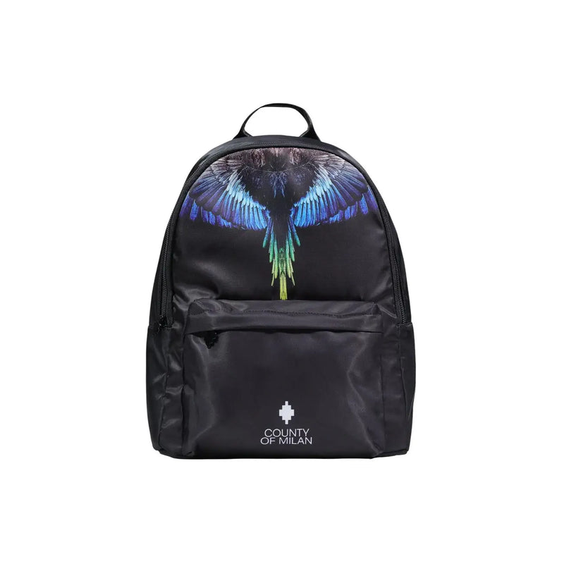 Sac à dos homme County of Milan en nylon noir avec un motif d'ailes irisé bleu-vert vif et un logo brodé