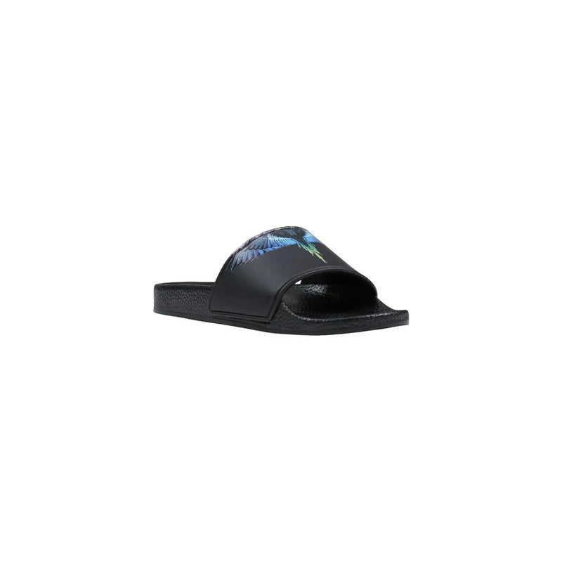 County of Milan men black synthetic slide sandal with vibrant iridescent wing graphic on the strap
