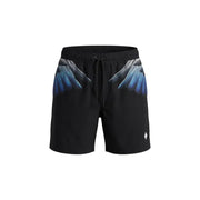 Short de bain homme County Of Milan en polyester noir avec taille élastique et motif d'ailes bleu-gris de chaque côté