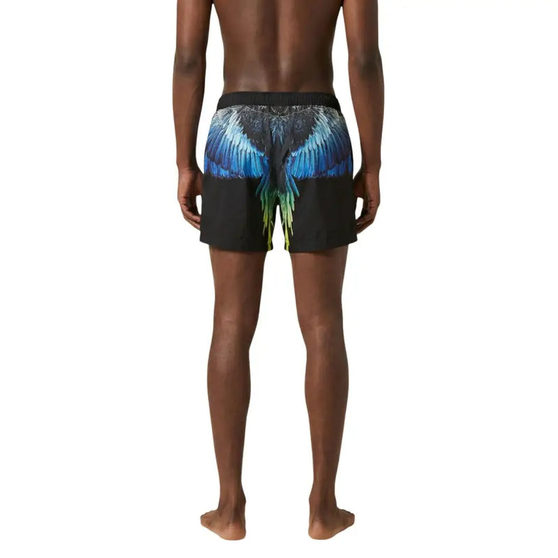 Short de bain homme County of Milan en polyester noir avec un motif d'ailes bleu et vert vif à l'arrière