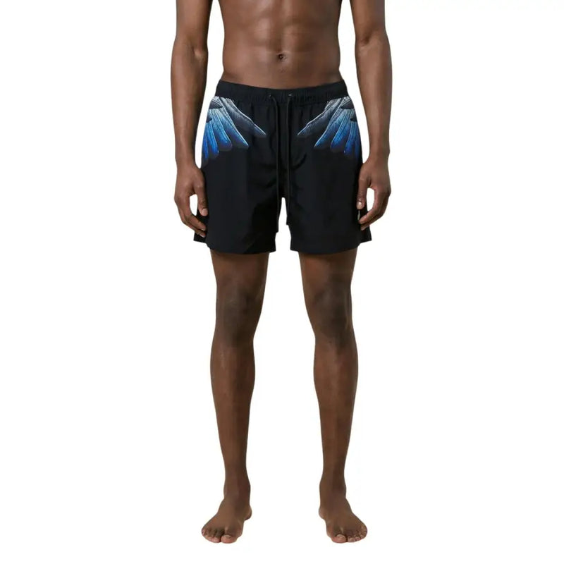 County of Milan men swimwear black swim trunks with striking blue and white wing graphic on the sides