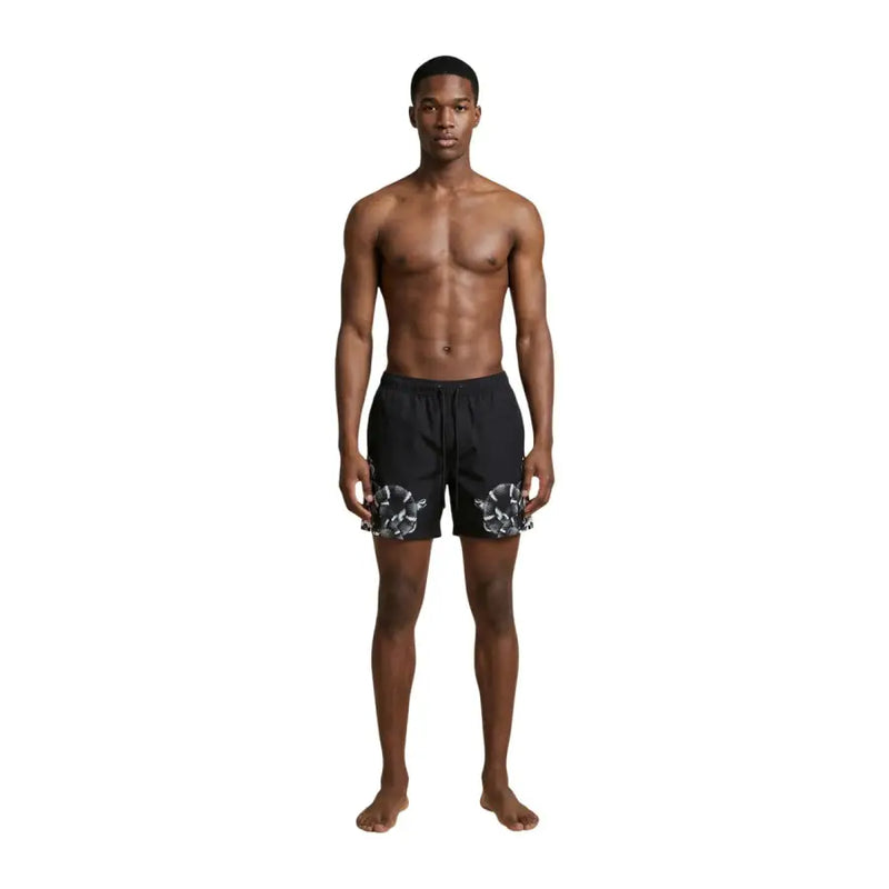 County of Milan men swimwear black swim trunks with bold white and gray snake print on the lower legs