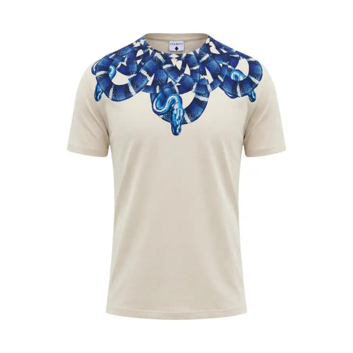 T-shirt homme en coton beige County of Milan, col rond et motif serpent bleu et blanc audacieux sur les épaules