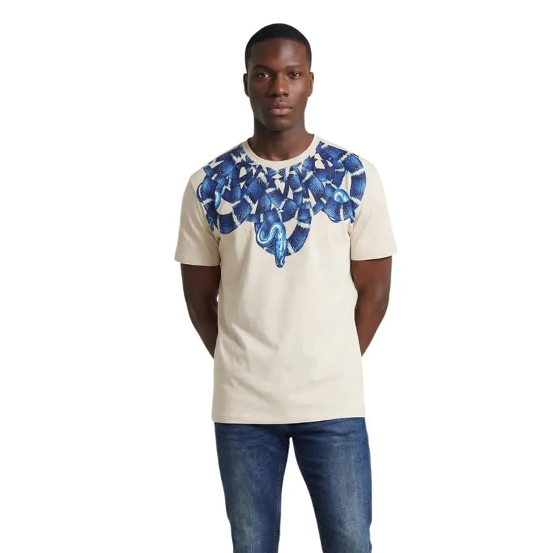 T-shirt homme beige en coton County of Milan, col rond et imprimé serpent bleu vif sur la poitrine