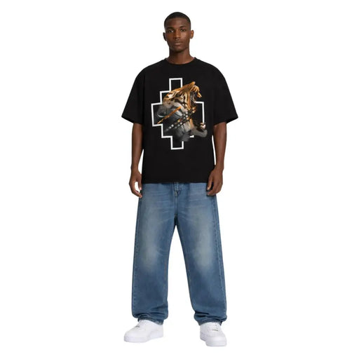 T-shirt homme en coton noir, col rond, motif tigre et loup or, argent et blanc sur une croix blanche en gras, de la marque County of Milan.