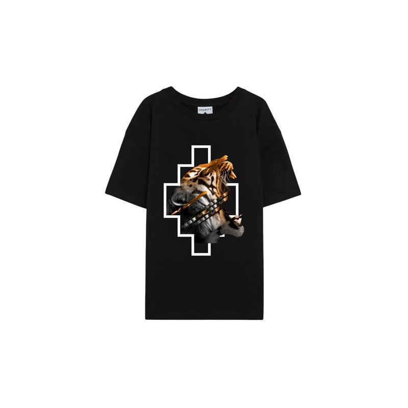County of milan men t shirt black cotton round neck with tiger and wolf graphic inside white geometric cross design