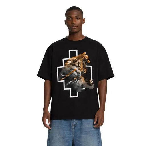 Black cotton County of Milan men t shirt with short sleeves and a tiger graphic featuring a white geometric cross design
