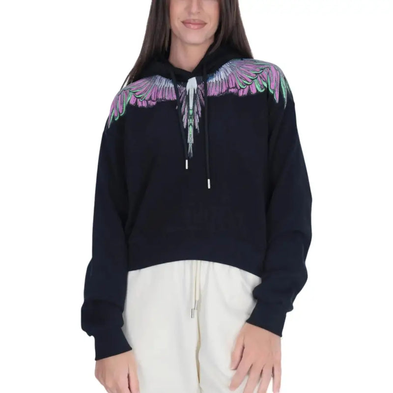 Black cropped hoodie with multicolored wings on shoulders