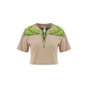 coton beige court t-shirt par Marcelo Burlon, avec un motif d'aile verte et des détails noirs.