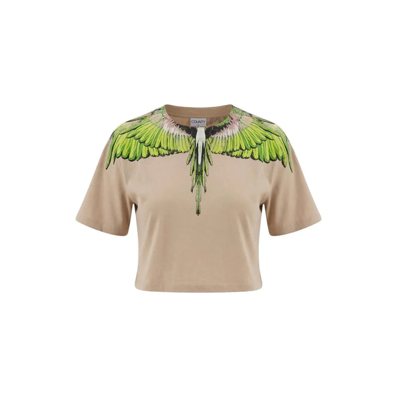 coton beige court t-shirt par Marcelo Burlon, avec un motif d'aile verte et des détails noirs.