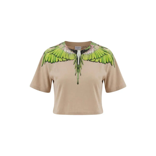 coton beige court t-shirt par Marcelo Burlon, avec un motif d'aile verte et des détails noirs.