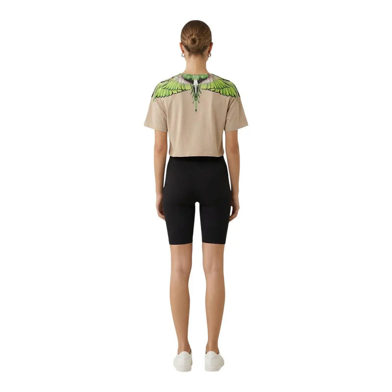Comté de Milan, femme, beige, coton, col rond t-shirt avec un motif d'aile vert et blanc éclatant sur les épaules