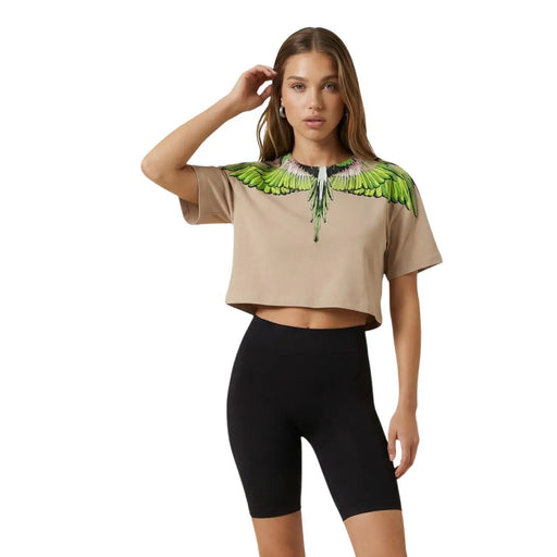 Comté de Milan femme beige coton court t-shirt avec un motif d'ailes vert et blanc éclatant sur les épaules