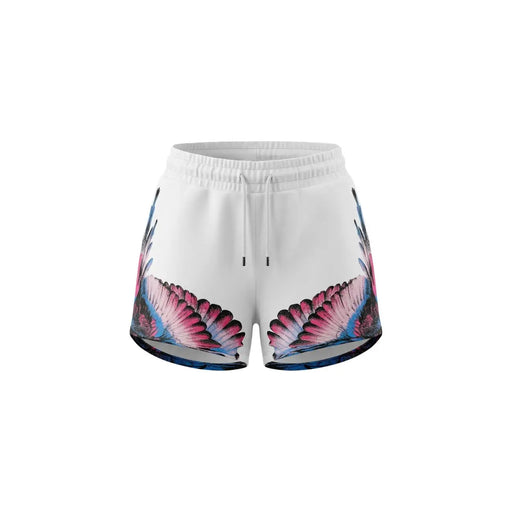 Short blanc en coton pour femme County Of Milan, orné de motifs d'ailes roses et bleues éclatantes sur les côtés.