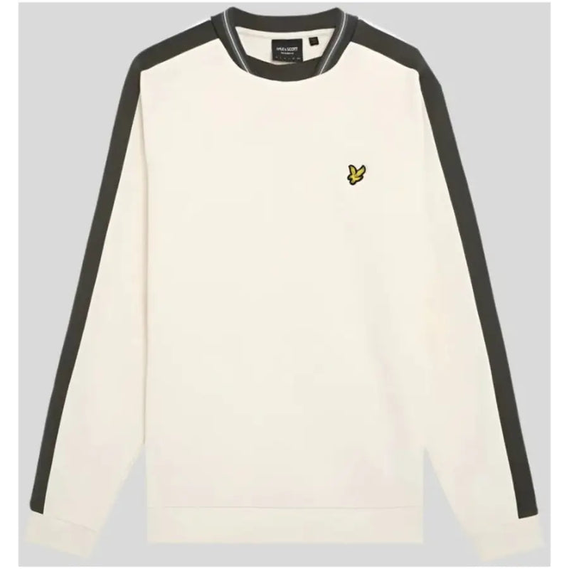 Cream and beige lyle and scott sweatshirt with black contrast stripes and yellow bird logo on the chest