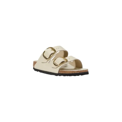 Cream-colored double-strap sandal with gold buckles from Cream Two Strap Sandal collection