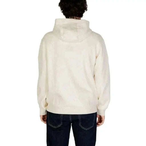 Cream-colored fleece pullover hoodie viewed from the back in Ea7 Men Sweatshirts
