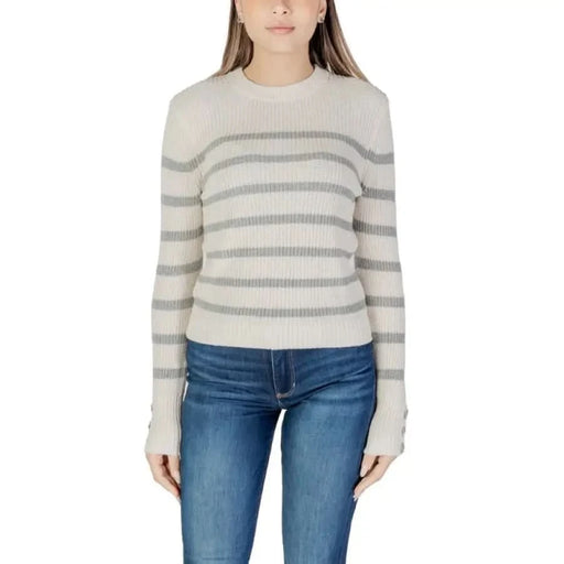 Cream-colored striped sweater with gray stripes in ribbed knit, Morgan De Toi Women’s T-Shirt
