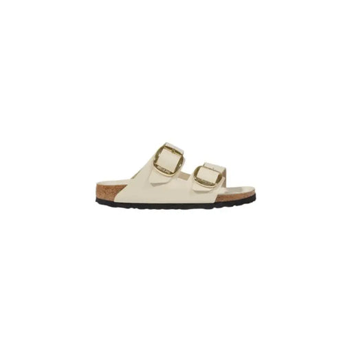 Cream-colored two-strap sandal with gold buckles displayed in Cream Two Strap Sandal with Gold Buckles product image