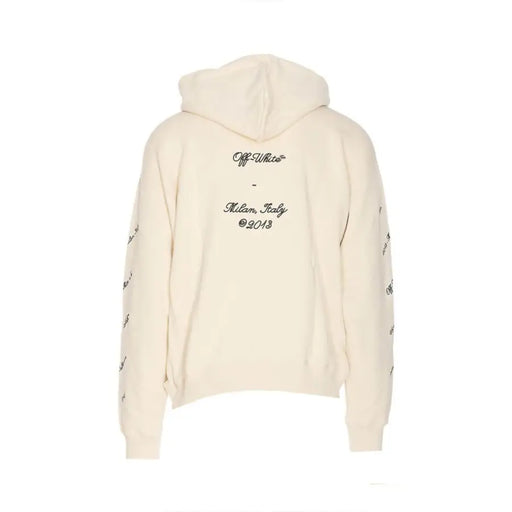 Cream hoodie back view in off-white with black embroidered Abloh 23 design branding and text on lightweight fabric