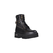 Cult black leather ankle boot with gold-tone studs laces and chunky platform sole viewed from the back