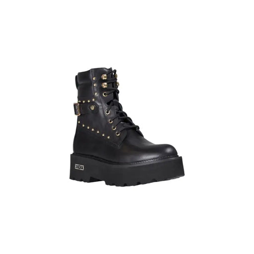 Cult Black leather ankle boots with gold studs, zip, laces, chunky sole
