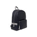 Dark leather backpack with silver and gray accents, featuring a sleek design suitable for daily use