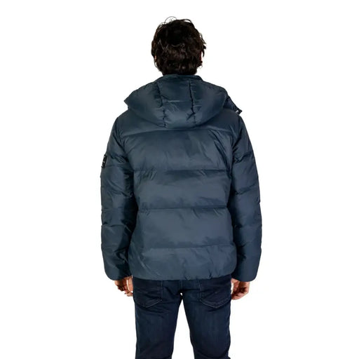 Dark blue hooded puffer jacket displayed in Navy Blue Hooded Puffer Jacket product image