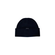 Dark blue knit beanie with ribbed texture folded cuff and subtle armani exchange branding on the front