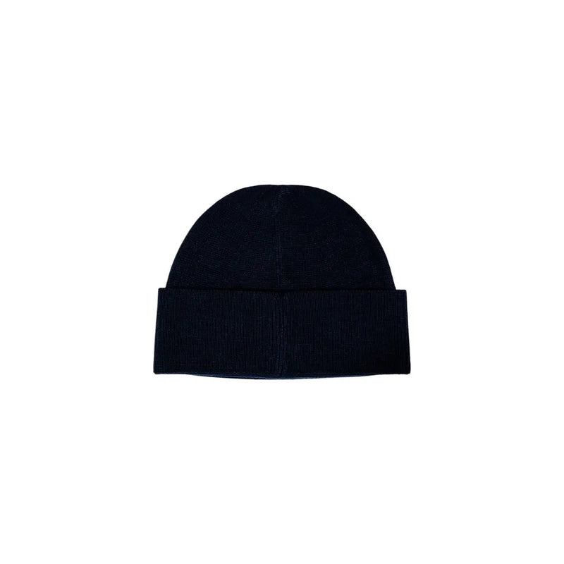 Dark blue ribbed knit beanie with folded cuff made of warm soft material for winter use