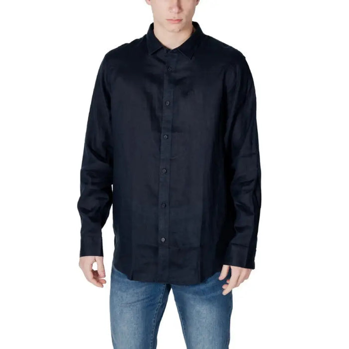 Dark blue long-sleeved shirt featured in Armani Exchange Men’s White Linen Shirt collection