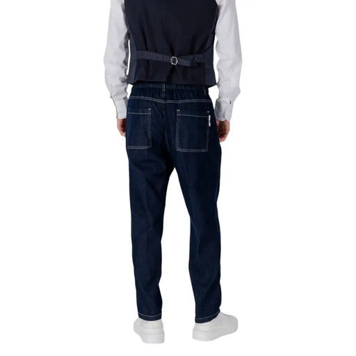 Dark blue pants with white stitching from Dark Blue Vest and Loose Pants collection