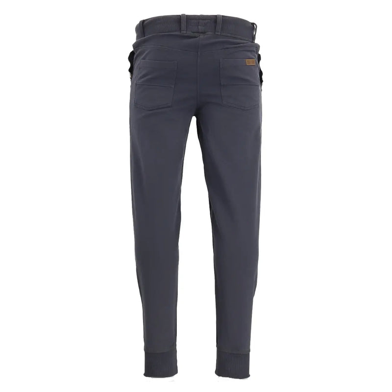 Dark gray sweatpants in slim-fit design with subtle texture and two rear pockets with brown leather-like patches visible from back