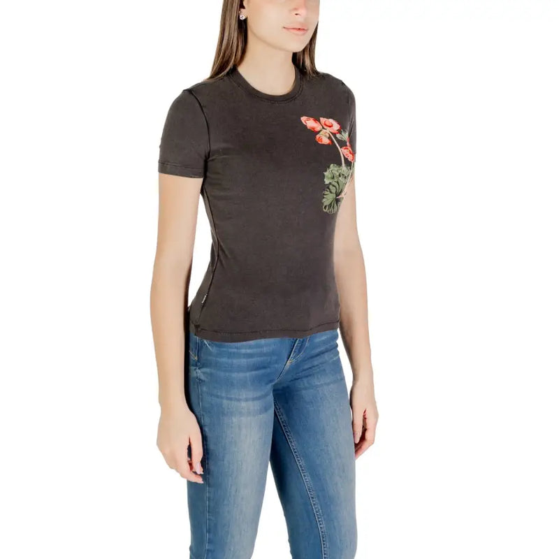 Dark grey Desigual Women T Shirt with floral design on right chest for spring summer fashion