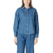 Denim button-down shirt and pants set displayed in a product image