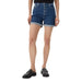 Woman wearing black T-shirt and denim button-fly shorts, stylish casual outfit