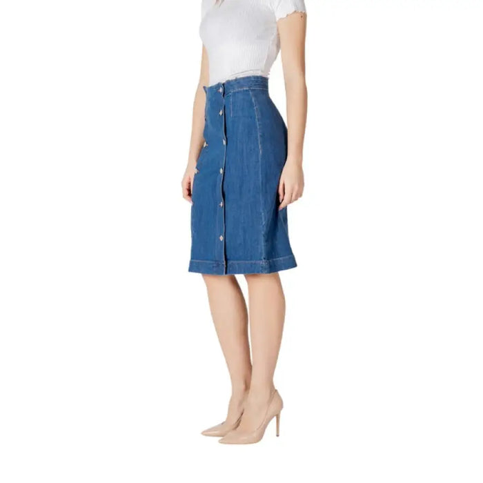 Blue denim pencil skirt with front buttons for a stylish casual look