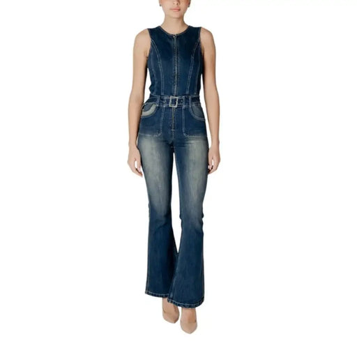 Denim sleeveless jumpsuit with belt and flared legs displayed on a model