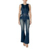 Denim sleeveless jumpsuit with belt and flared legs displayed on a model