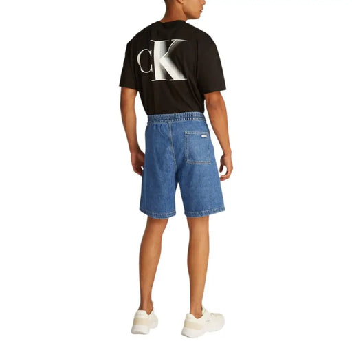 Men denim drawstring pull-on shorts displayed on a model for casual summer wear