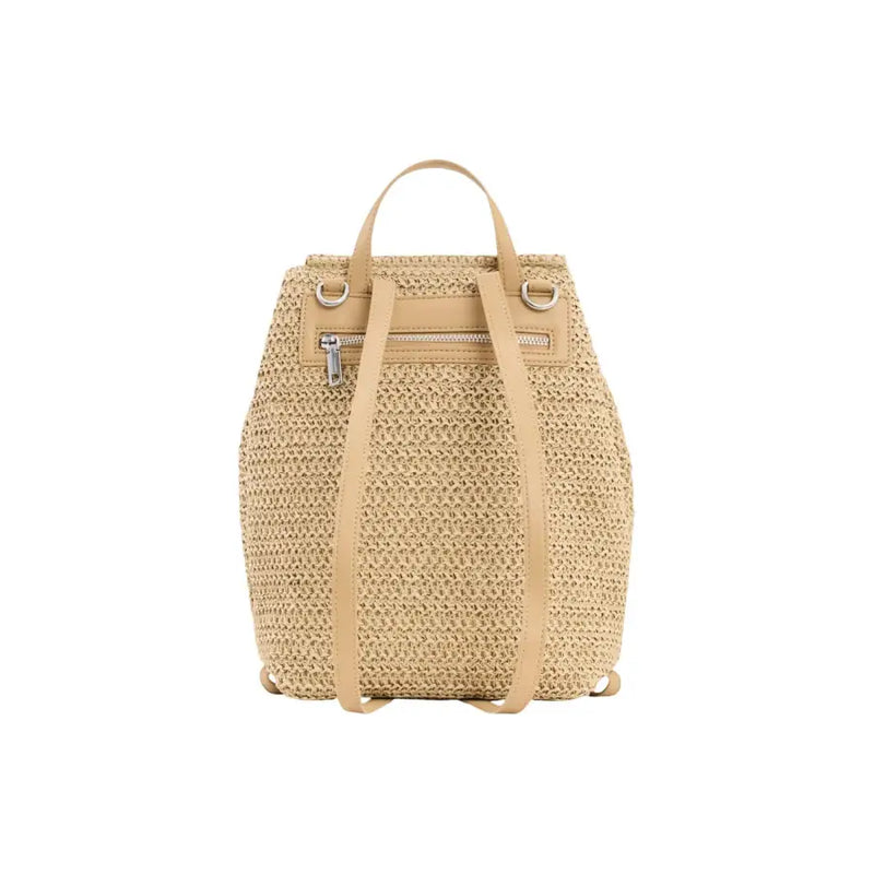 Sac à dos Desigual en paille tressée beige avec bretelles en cuir fauve et fermetures éclair argentées