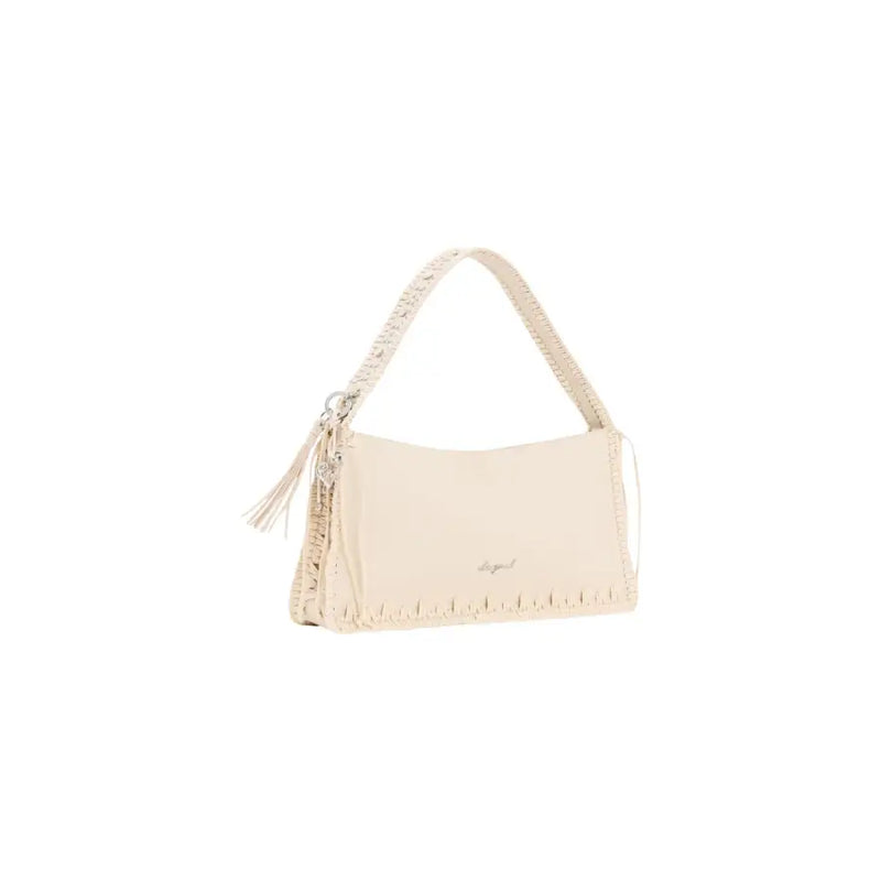 Sac bandoulière Desigual en cuir crème avec anse tressée, franges et poche zippée